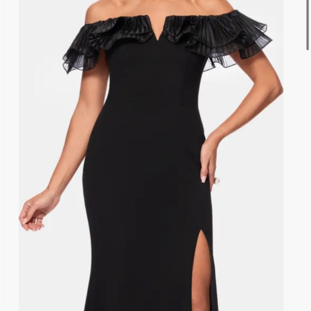 Xscape Elegant Black Maxi Dress with Ruffle Accent and Side Slit